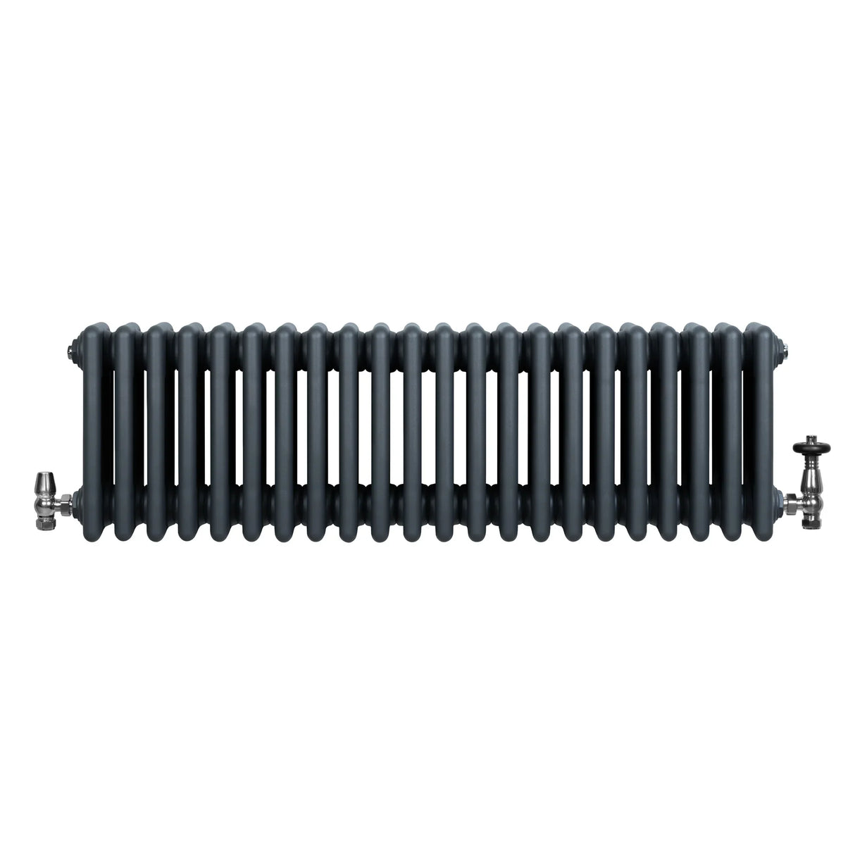 Traditional 4 column radiator in anthracite grey, featuring a sleek, matte finish and sturdy metal construction with valves on each end