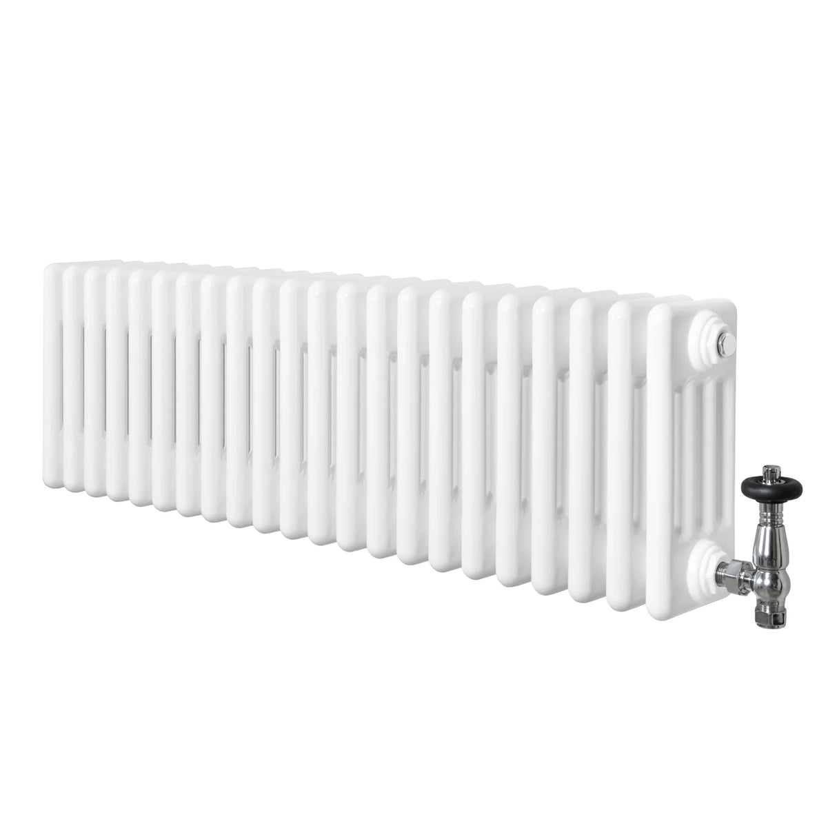 Traditional white 4 column radiator with a smooth finish, featuring a sleek valve, ideal for classic and modern interiors