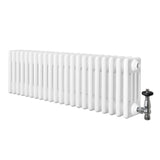 Traditional white 4 column radiator with a smooth finish, featuring a sleek valve, ideal for classic and modern interiors