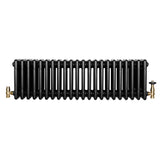 Traditional black 4 column radiator with a sleek, glossy finish and brass valves, measuring 300 x 1010mm, ideal for classic interiors