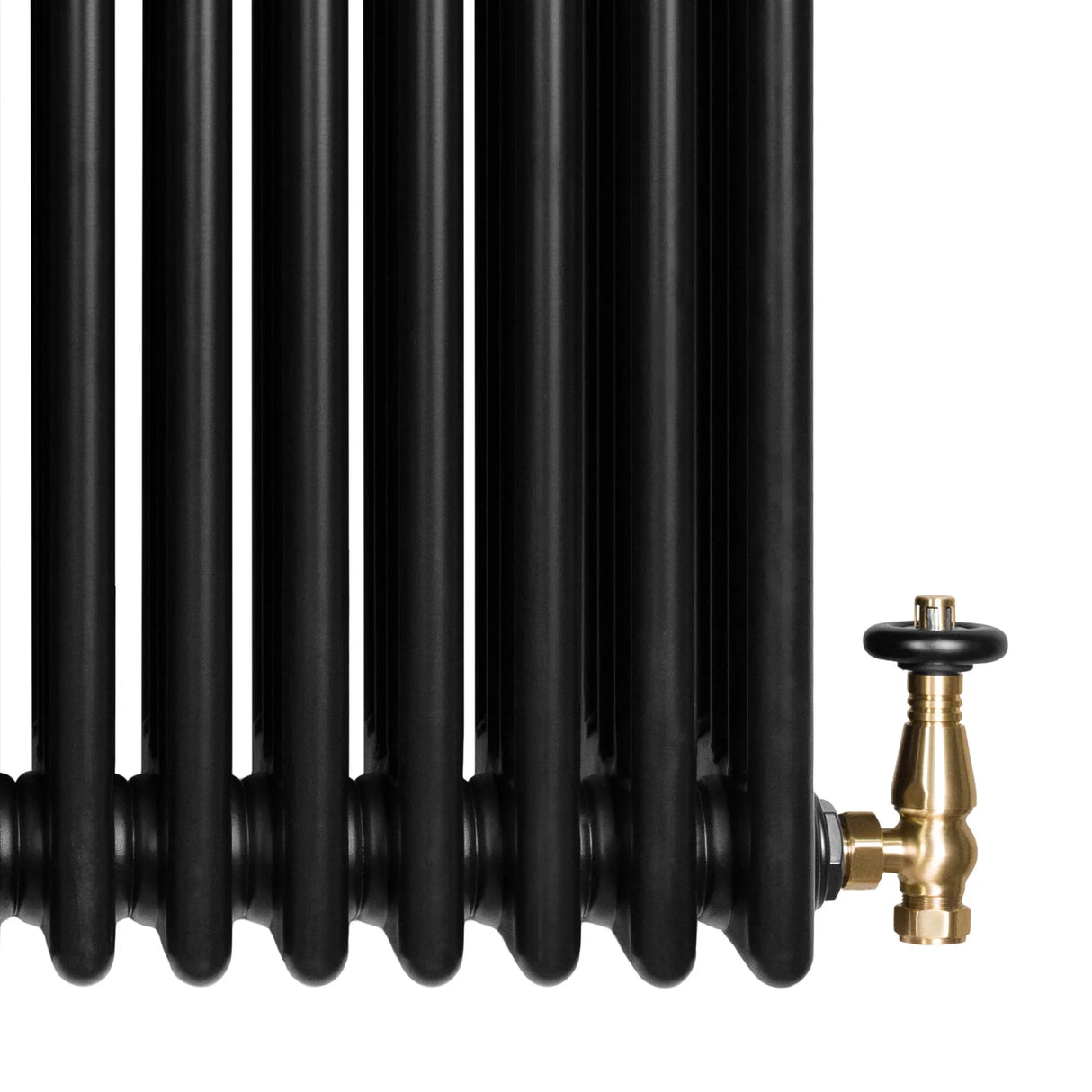 Traditional black 4 column radiator with a sleek finish and brass valve, showcasing a classic design and sturdy construction