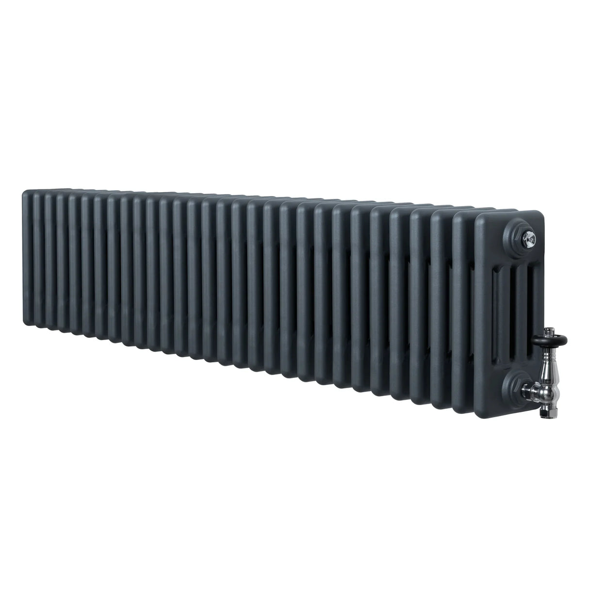 Traditional anthracite grey 4 column radiator with a sleek, elongated design and polished valves, ideal for modern interiors