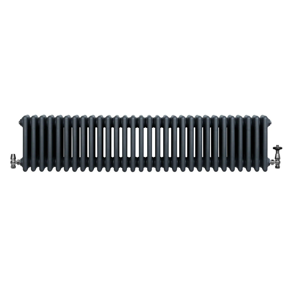 Traditional anthracite grey 4 column radiator with a sleek, ribbed design and polished valves, measuring 300 x 1370mm