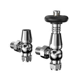 Polished chrome radiator valves with sleek design, featuring a rounded top and angular body for modern heating solutions