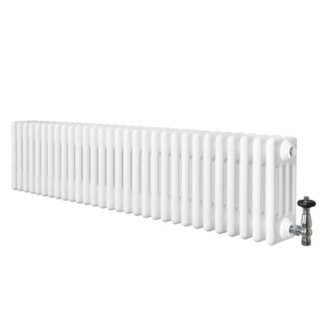 Traditional white 4 column radiator with smooth, glossy finish and attached valve, measuring 300 x 1370mm, ideal for heating spaces