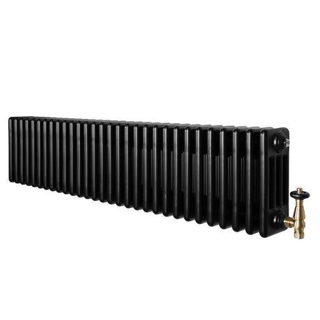 Traditional black 4 column radiator with a sleek, elongated design and brass valves, ideal for vintage and modern interiors