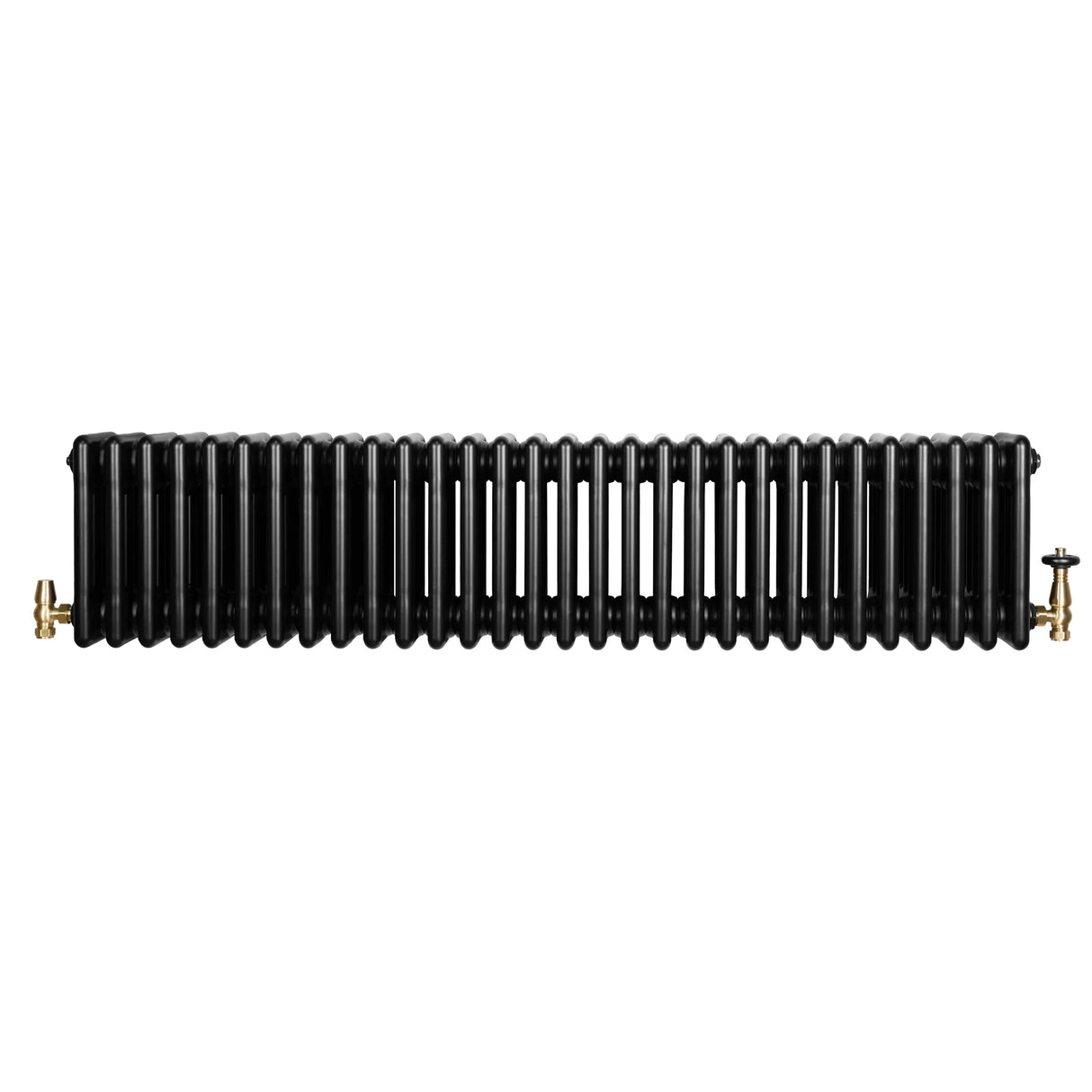Traditional black 4 column radiator with a sleek, ribbed design and brass valves, measuring 300 x 1370mm for efficient heating