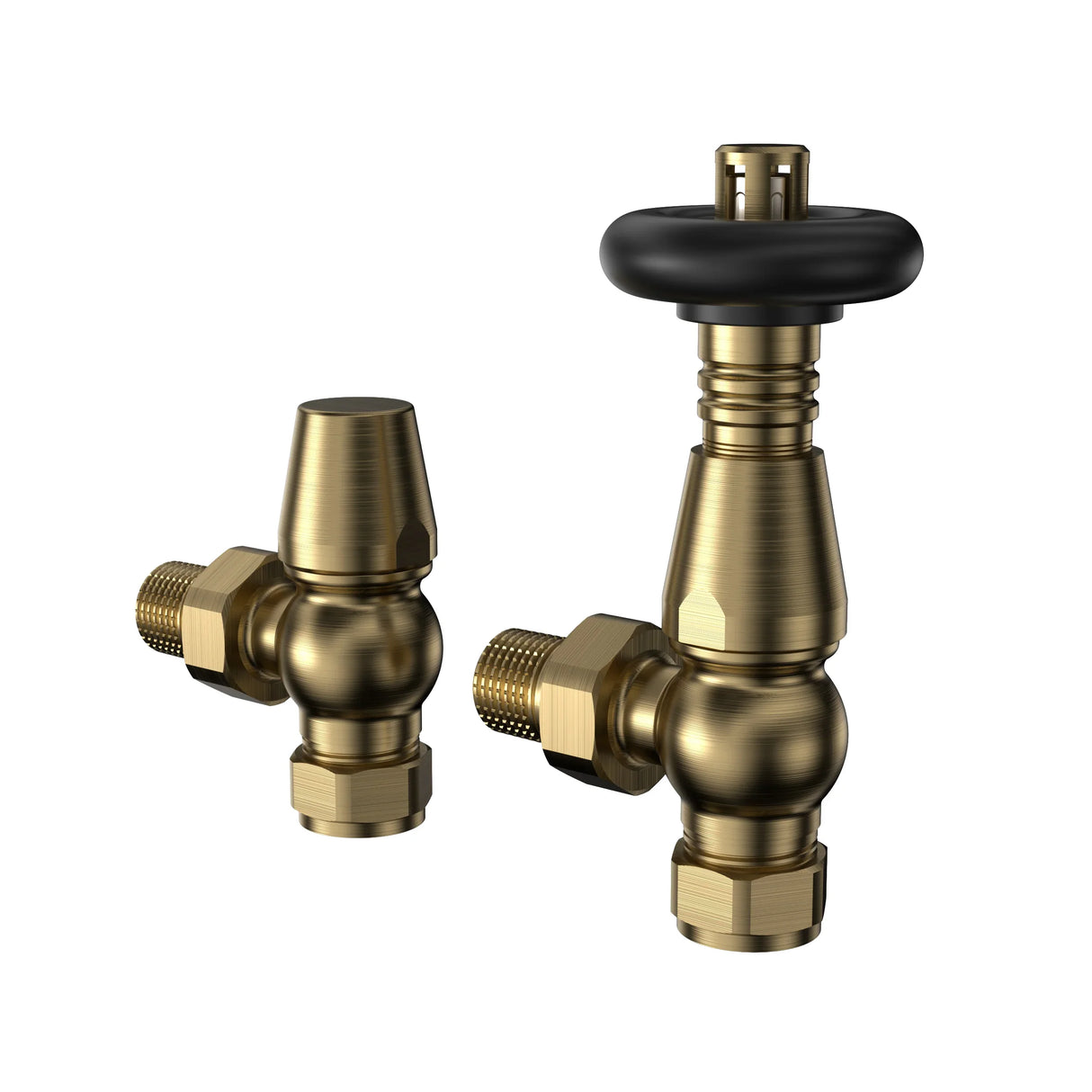 Brass radiator valves with a polished finish, featuring a rounded shape and a black control knob for easy temperature adjustment