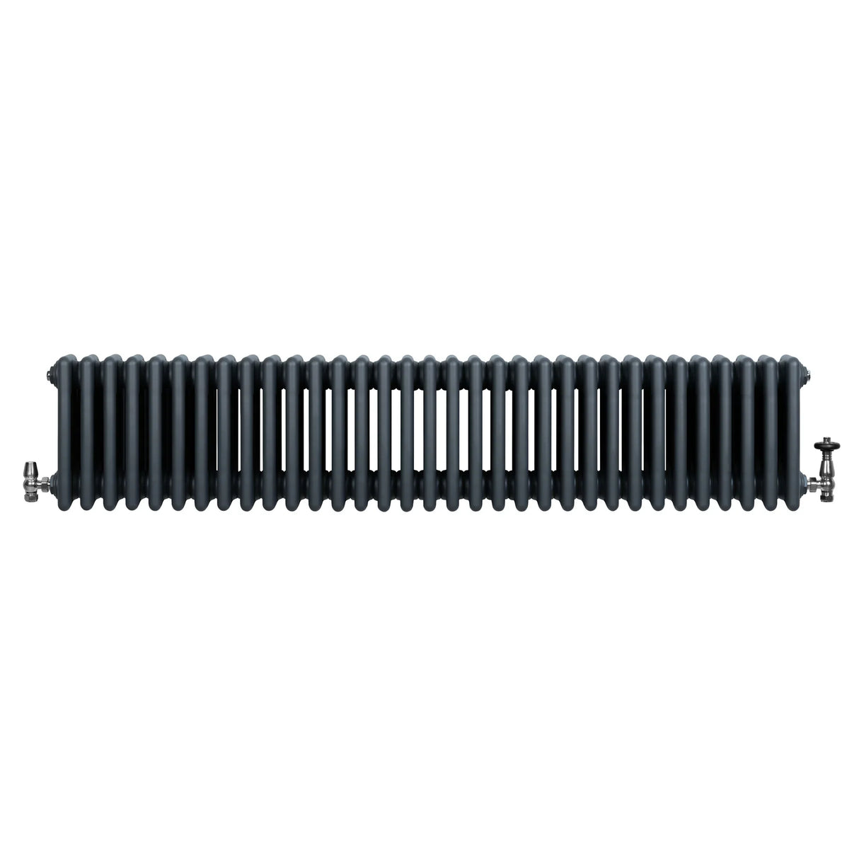 Traditional 4 column radiator in anthracite grey, featuring a sleek, ribbed design and sturdy valves for efficient heating