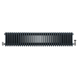 Traditional 4 column radiator in anthracite grey, featuring a sleek, ribbed design and sturdy valves for efficient heating