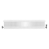 Traditional white 4 column radiator with smooth, glossy finish and chrome valves, measuring 300 x 1505mm, ideal for classic interiors