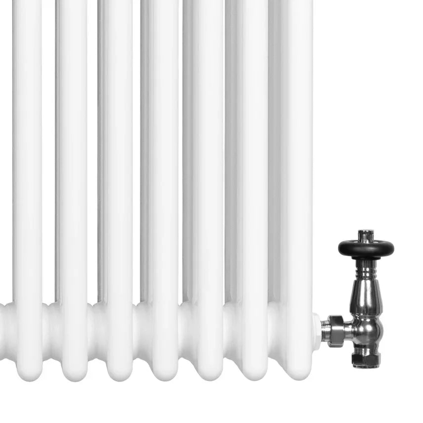 Traditional white 4 column radiator with smooth, glossy finish and a black valve, designed for efficient heating in homes