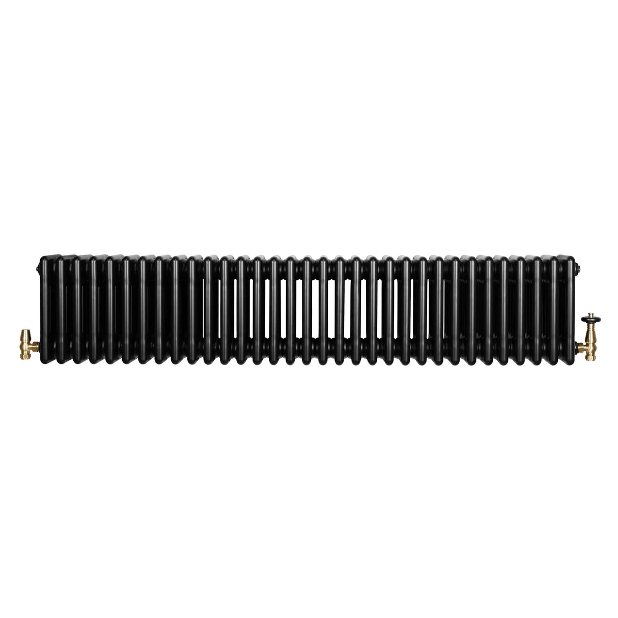 Traditional black 4 column radiator with a sleek, smooth finish and brass valves, measuring 300 x 1505mm for efficient heating
