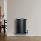 Traditional anthracite grey 4 column radiator with valves, featuring a sleek, textured finish, mounted on a light wall in a modern interior setting