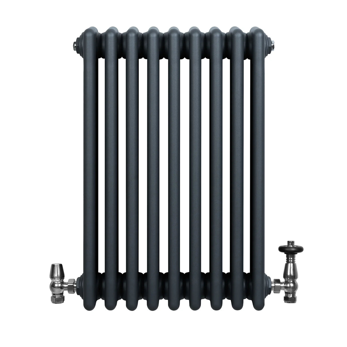 Traditional anthracite grey 4 column radiator with smooth, rounded edges and polished metal valves, ideal for stylish heating solutions