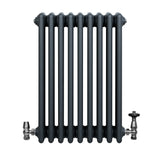 Traditional anthracite grey 4 column radiator with smooth, rounded edges and polished metal valves, ideal for stylish heating solutions