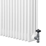 Traditional white 4 column radiator with a sleek chrome valve, featuring a smooth, glossy finish and vertical ribbed design