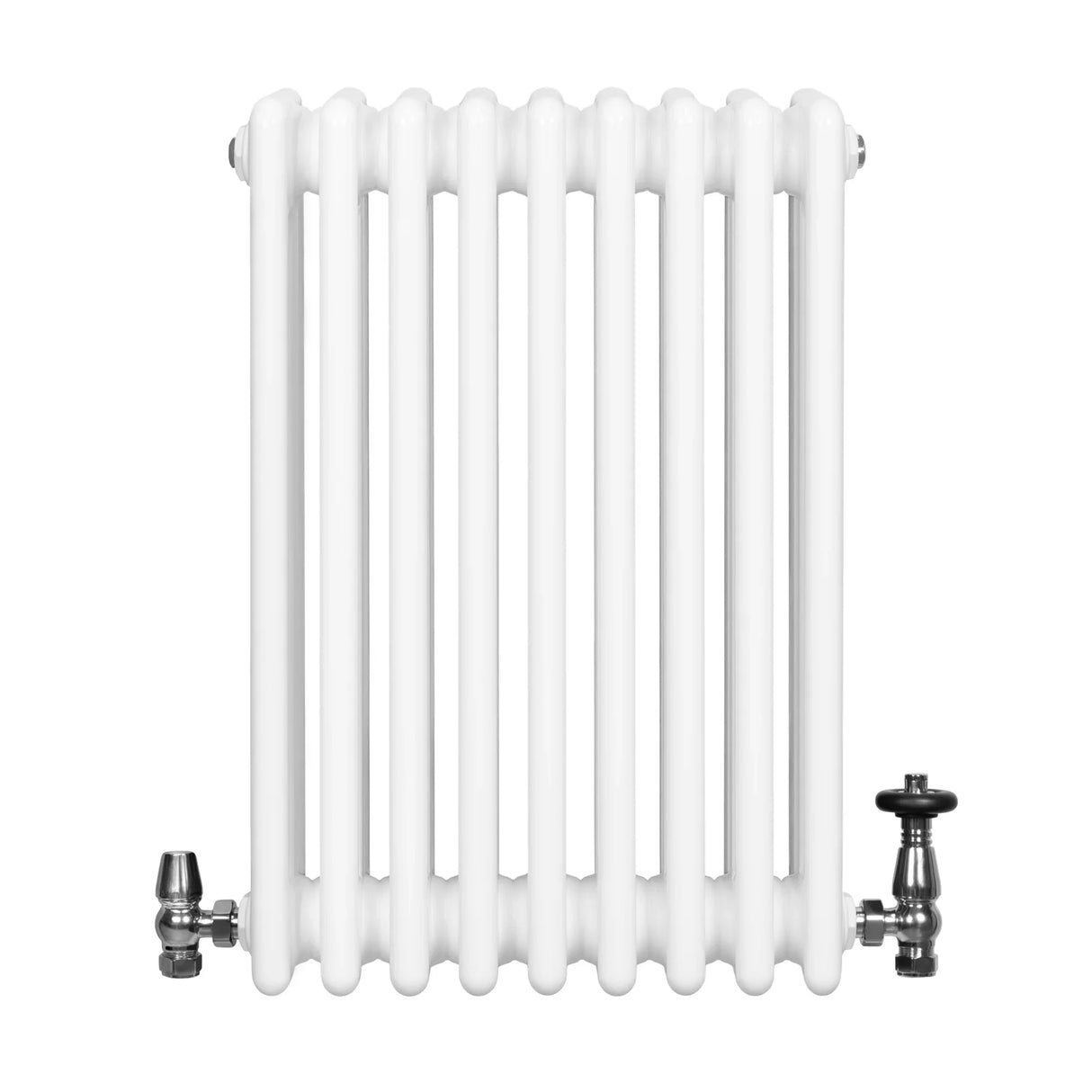 Traditional white 4 column radiator with smooth, glossy finish and chrome valves, measuring 600 x 425mm, ideal for classic interiors