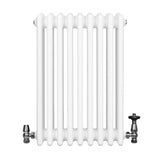 Traditional white 4 column radiator with smooth, glossy finish and chrome valves, measuring 600 x 425mm, ideal for classic interiors