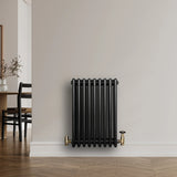 Traditional black 4 column radiator with brass valves, featuring a sleek design, mounted on a light-colored wall in a modern interior setting