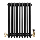 Traditional black 4 column radiator with a smooth finish and brass valves, measuring 600 x 425mm, ideal for vintage decor