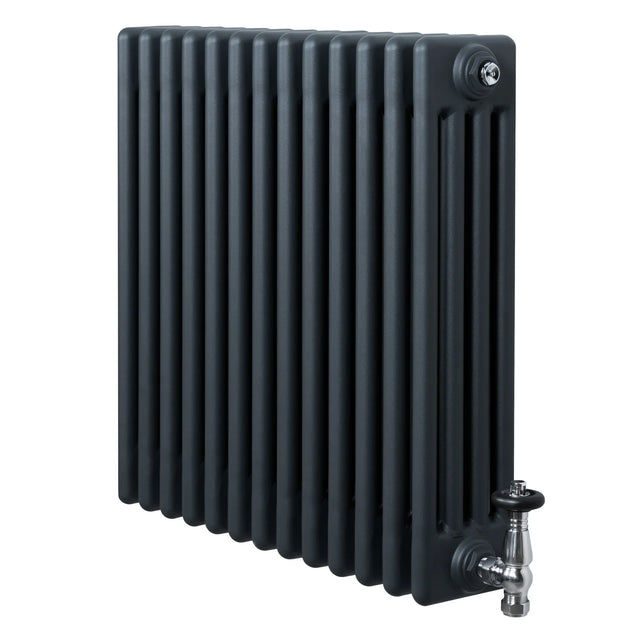 Traditional anthracite grey 4 column radiator with a sleek, textured finish and polished valve, measuring 600 x 605mm