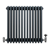 Traditional anthracite grey 4 column radiator with smooth, rounded edges and polished valves, measuring 600 x 605mm