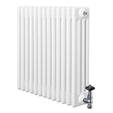 Traditional white 4 column radiator with a glossy finish, featuring a chrome valve, ideal for classic and modern interiors