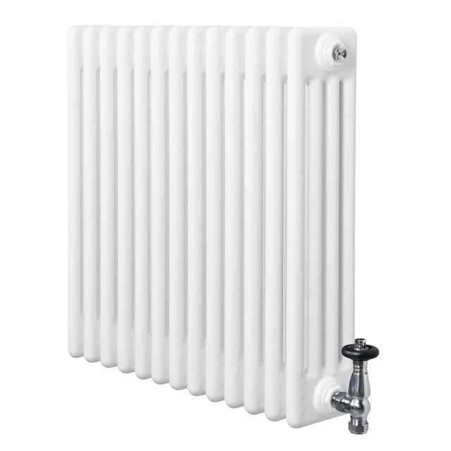 Traditional white 4 column radiator with a glossy finish, featuring a chrome valve, ideal for classic and modern interiors