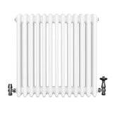 Traditional white 4 column radiator with a smooth finish and chrome valves, measuring 600 x 605mm, ideal for classic interiors