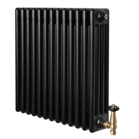 Traditional black 4 column radiator with a sleek finish and brass valve, measuring 600 x 605mm, ideal for classic interiors