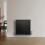 Traditional black 4 column radiator with a sleek finish and brass valves, mounted on a light wall in a modern interior setting