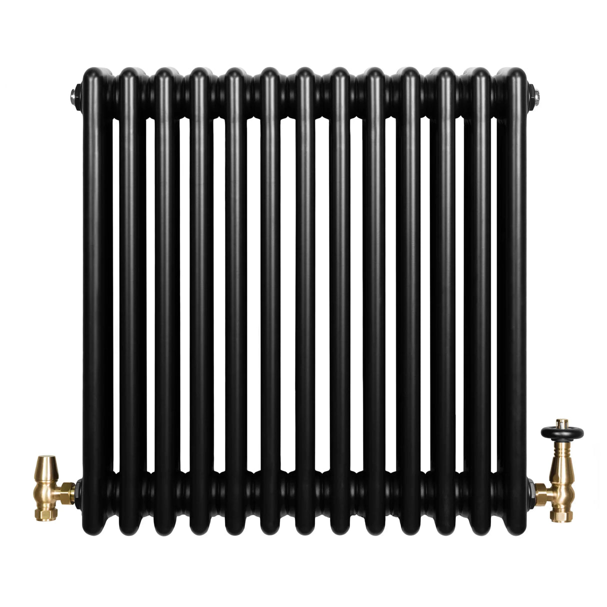 Traditional black 4 column radiator with a smooth finish, featuring brass valves on the left and right sides for easy control