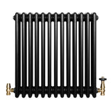 Traditional black 4 column radiator with a smooth finish, featuring brass valves on the left and right sides for easy control