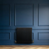 Traditional black 4 column radiator with brass valves, set against a deep blue wall and herringbone wood floor, showcasing elegant design