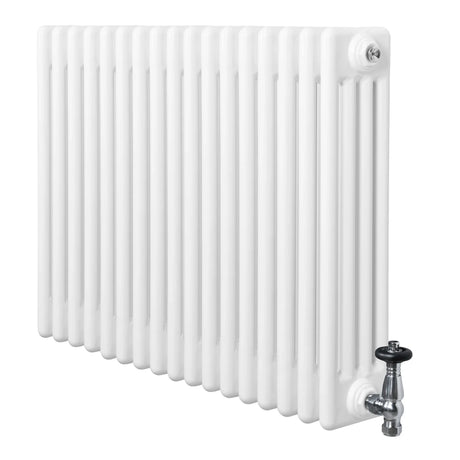 Traditional white 4 column radiator with a glossy finish, featuring a chrome valve, ideal for classic home heating solutions