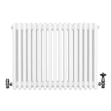 Traditional white 4 column radiator with a smooth, glossy finish and chrome valves, measuring 600 x 785mm, ideal for classic interiors