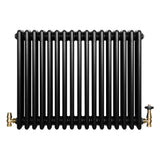 Traditional black 4 column radiator with a sleek, glossy finish and brass valves, measuring 600 x 785mm, ideal for classic interiors