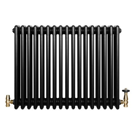 Traditional black 4 column radiator with a sleek, glossy finish and brass valves, measuring 600 x 785mm, ideal for classic interiors