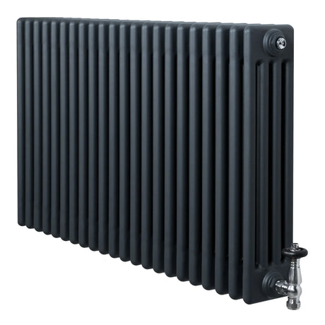 Traditional anthracite grey 4 column radiator with a sleek, textured finish and stylish valves, measuring 600 x 1010mm