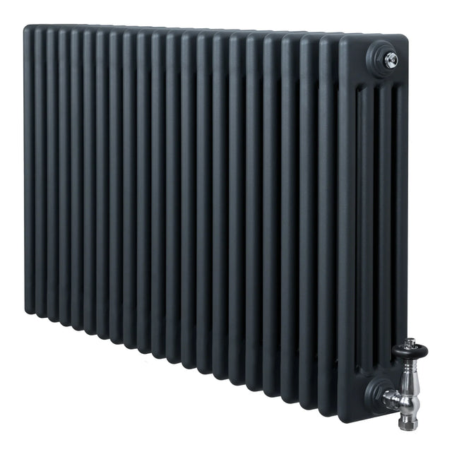 Traditional anthracite grey 4 column radiator with a sleek, textured finish and stylish valves, measuring 600 x 1010mm