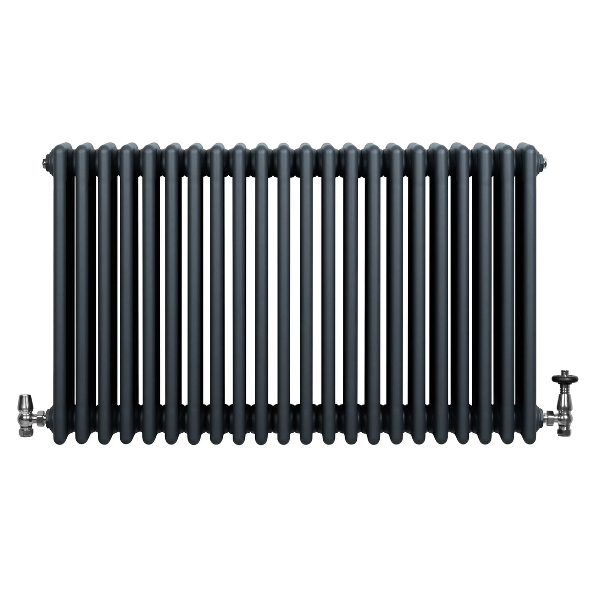 Traditional anthracite grey 4 column radiator with a sleek, ribbed design and chrome valves, ideal for modern interiors