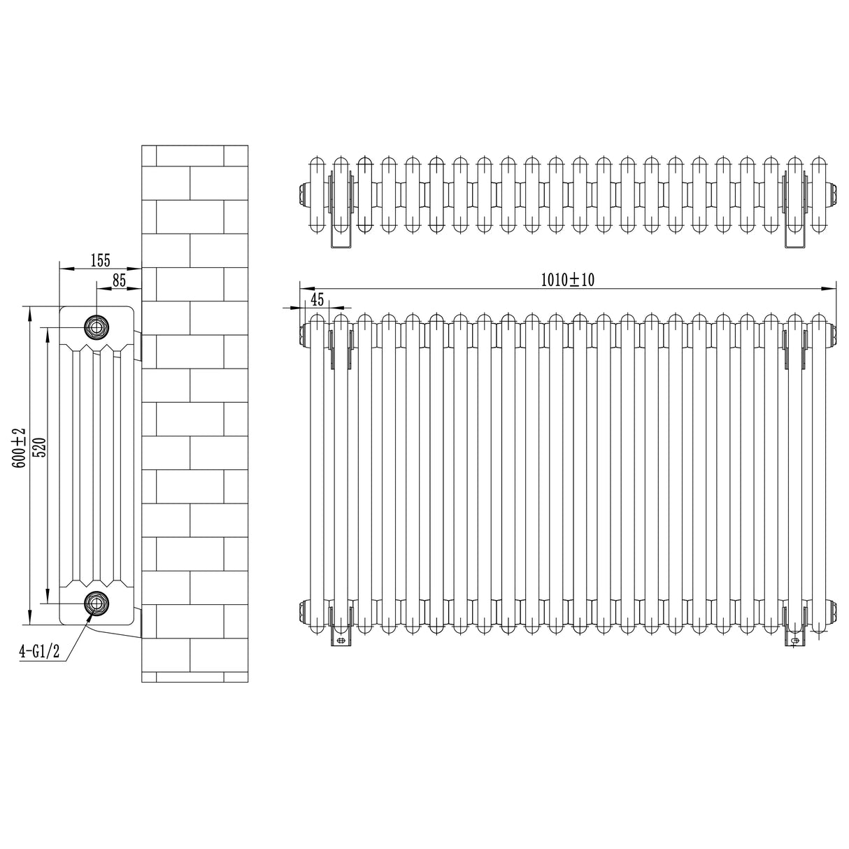Traditional anthracite grey 4 column radiator with detailed dimensions, showcasing a sleek, vintage design and sturdy structure