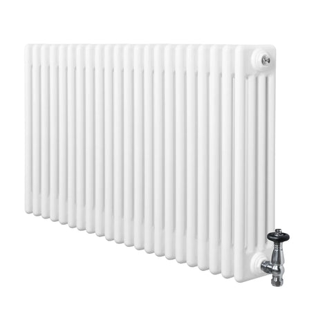 Traditional white 4 column radiator with a smooth finish, featuring a sleek design and a chrome valve for efficient heating
