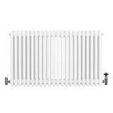 Traditional white 4 column radiator with a smooth finish, featuring chrome valves on both sides for efficient heating