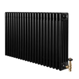 Traditional black 4 column radiator with a sleek finish, featuring a brass valve, ideal for vintage and modern interiors