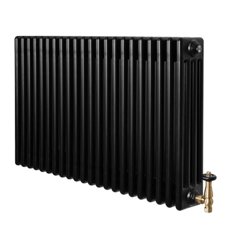 Traditional black 4 column radiator with a sleek finish, featuring a brass valve, ideal for vintage and modern interiors