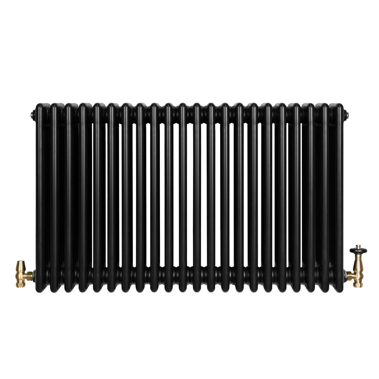 Traditional black 4 column radiator with a sleek, smooth finish and brass valves, measuring 600 x 1010mm, ideal for classic interiors