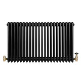 Traditional black 4 column radiator with a sleek, smooth finish and brass valves, measuring 600 x 1010mm, ideal for classic interiors