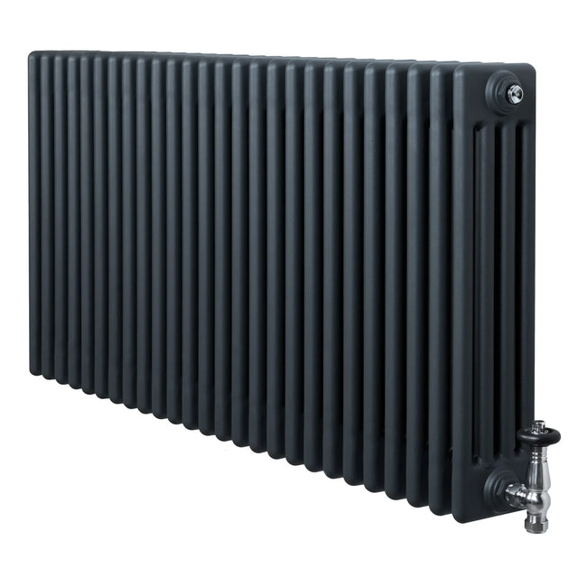 Traditional anthracite grey 4 column radiator with a sleek, textured finish and chrome valves, measuring 600 x 1190mm